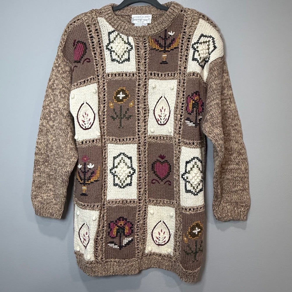 Jennifer Reed Hand Knitted Patchwork Med Sweater Brown Floral Heart cottagecore